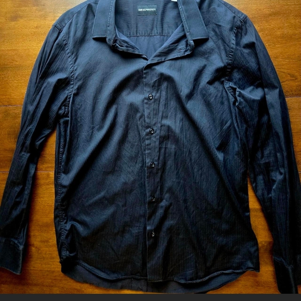 Emporio Armani Black Pinstripe Button Up Shirt 44 Slim Fit